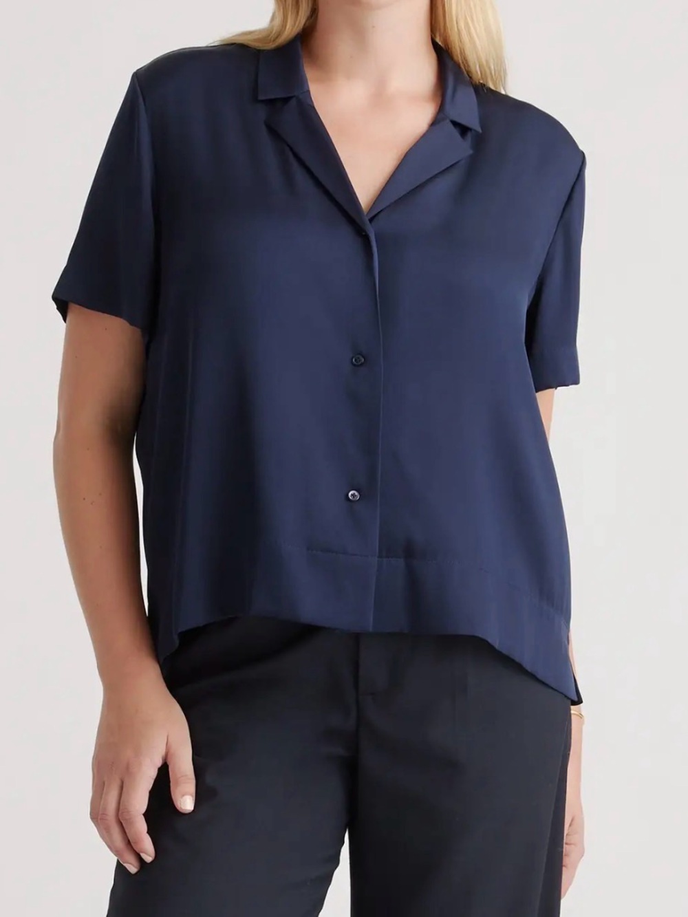 Quince Washable Stretch Silk Short Sleeve Notch Collar Blouse Size XS Navy